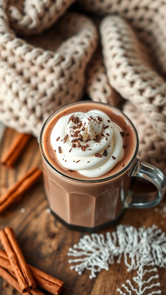 Decadent Vegan Hot Chocolate Recipe A cozy mug of vegan hot chocolate with whipped cream and chocolate shavings on a wooden table.